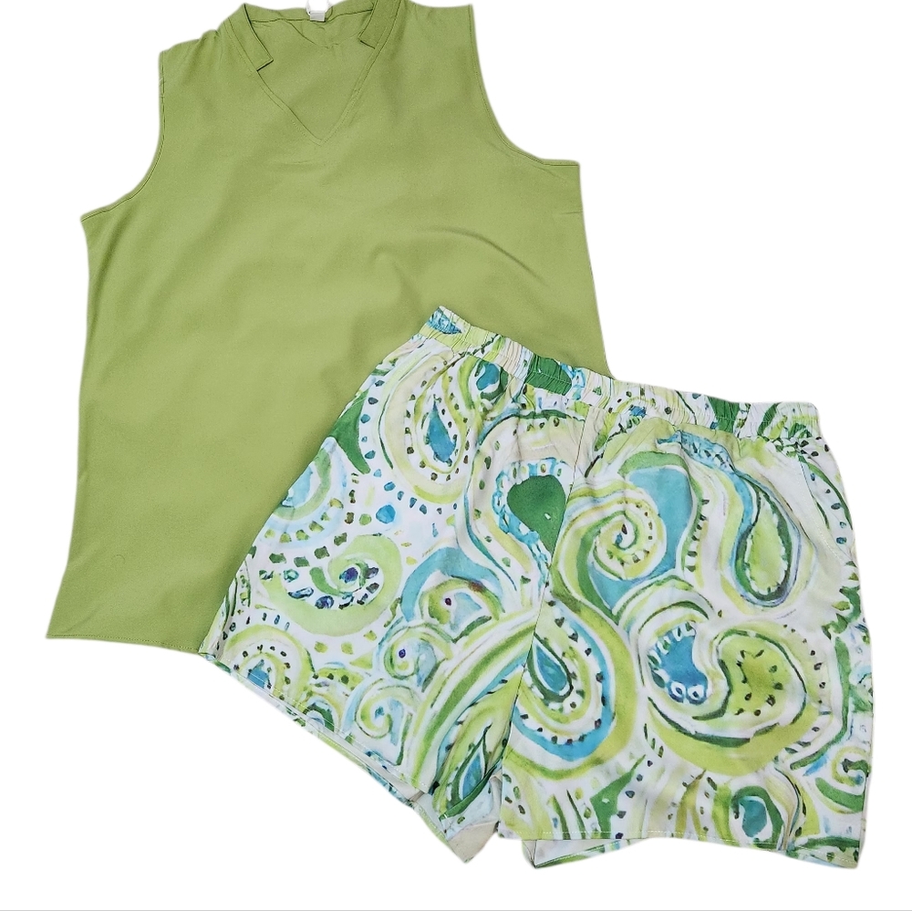 Women's Lime Green Sleeveless Top and Paisley Shorts Set